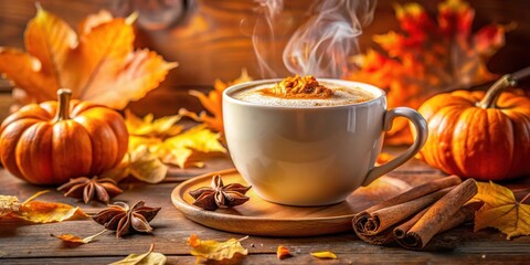 A steaming cup of creamy pumpkin spice drink with a sprinkle of cinnamon and nutmeg on the rim, surrounded by fallen autumn leaves and warm golden lighting , seasonal drink, cozy