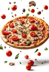Delicious Pizza with Fresh Ingredients on a White Background, Featuring Tomatoes, Mushrooms, and Basil Floating Around in a Creative Design