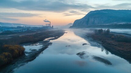 Naklejka premium Industrial Landscape at Dawn A Factory by the River with Smokestacks and Mountain Backdrop