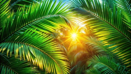 Fototapeta premium Summer sun shining through green palm tree leaves in a tropical garden at sunset, green foliage, sunny afternoons