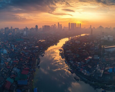 Manila Sunrise Aerial View of the City Skyline, River, and Slums at Dawn, Philippines