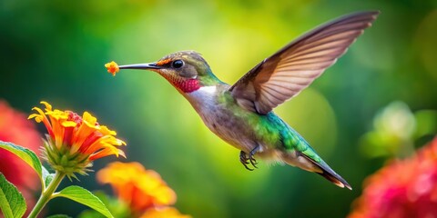 Fototapeta premium A stunning shot of a hummingbird's wings beating rapidly as it feeds on nectar from a brightly colored flower in a serene and peaceful garden setting, wing movement, colorful flowers