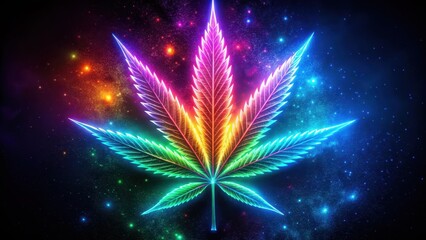 Neon glowing cannabis leaf on black background with vibrant colors, illuminating the night sky with an otherworldly glow , neon, night