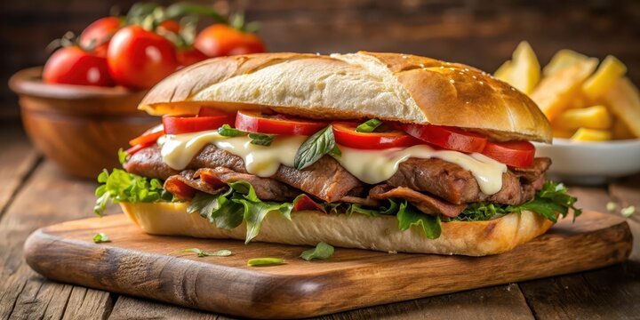 Delicious Uruguayan Chivito sandwich with juicy steak and melted mozzarella on a crusty baguette, chivito, uruguayan,  chivito