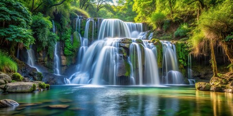 Fototapeta premium Waterfall Cascade into Water, nature, stream, nature, stream, misty, water, landscape, forest, lush, trees, cascading,water