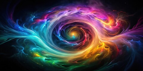 Fototapeta premium Ethereal vortex of iridescent hues dancing across a dark canvas, evoking an otherworldly aura , abstract glowing swirl colors black background, dark atmosphere