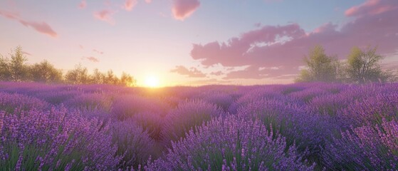 Serene Lavender Field at Sunset A Tranquil Purple Landscape with Golden Hour Light