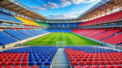 Obraz premium Colorful football stadium with red and blue benches, fan zone, arena, fan zone, arena, sporty