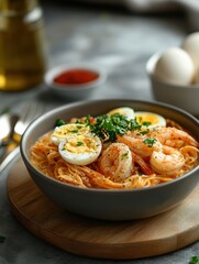 Delicious shrimp pasta dish with boiled egg and fresh herbs served in a stylish bowl on wooden board, culinary delights for food lovers and chefs