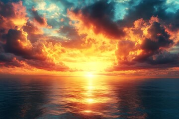 Obraz premium Fiery ocean sunset, calm sea