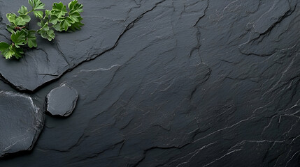 Dark Grey Slate Stone Texture Background with Parsley Sprig