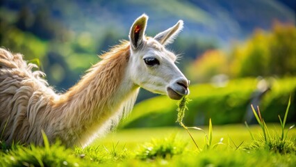 Llama close-up feeding on lush green grass in a sunny meadow, llama, herbivore, llama, herbivore