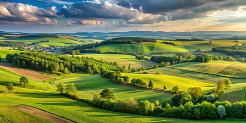 Panoramic view of rolling hills and vast fields in the Greater Poland region, showcasing its lush green landscapes and picturesque farmlands, scenery, rural