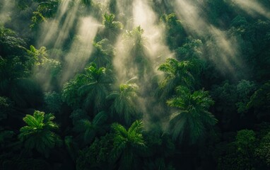 Obraz premium Mystical Jungle Canopy Sunbeams Through Tropical Rainforest.