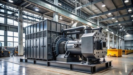 Large industrial generator on site with dark grey metal exterior and silver accents surrounded by tall machinery , factory setup, machinery