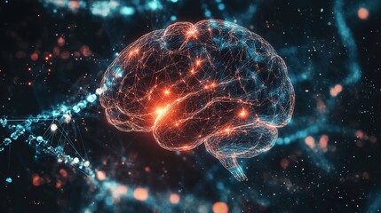 Abstract brain with glowing neuron connections and DNA helix, symbolizing evolution and genetic research.
