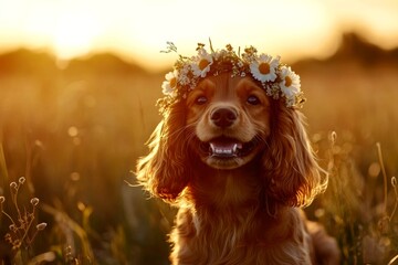 Vacation time happiness. Cute baby dog cocker spaniel wearing fierce flower circlet on its head....