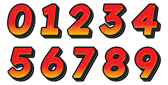 Pop Art 3D Number Set with Retro Comic Book Halftone Style