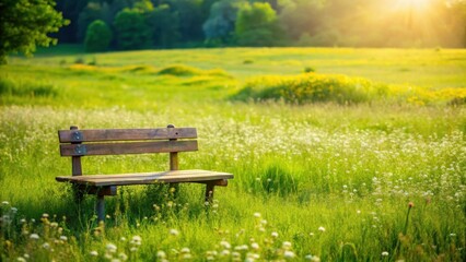 Obraz premium A lone wooden bench sits alone in a lush green grassy field on a sunny day with a few scattered wildflowers surrounding it , outdoor seating, peaceful landscape