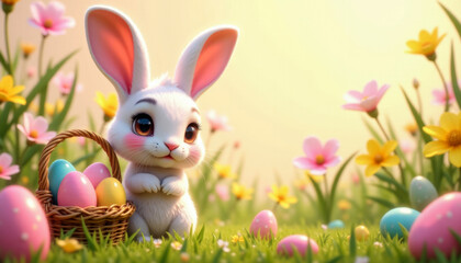 cartoon easter bunny with basket of eggs on background of green grass and flowers in meadow
