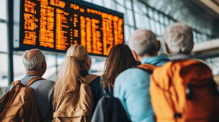 Obraz premium Travelers Waiting at Airport Displaying Flight Information Board