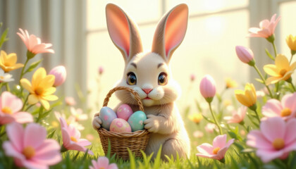 cartoon easter bunny with basket of eggs on background of green grass and flowers in meadow