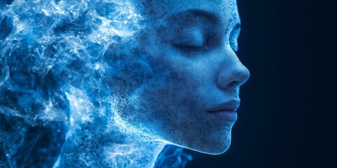 Woman profile with closed eyes dissolving into blue energy