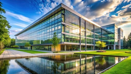 Obraz premium Contemporary university building with sleek glass fa?ade and modern architecture, surrounded by lush greenery and open spaces, cityscape, sleek glass walls