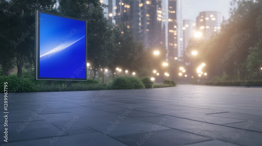 Aufkleber digital billboard in a serene urban environment with glowing lights at dusk.
