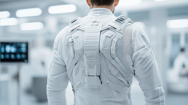 Futuristic AI powered robotic exoskeleton with real time monitoring and control systems designed for advanced tactical and military applications
