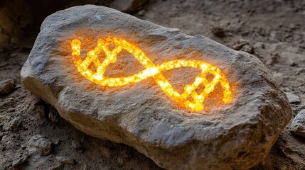 Ancient DNA helix with gender symbols, fossilized bone background, paleogenetic breakthrough