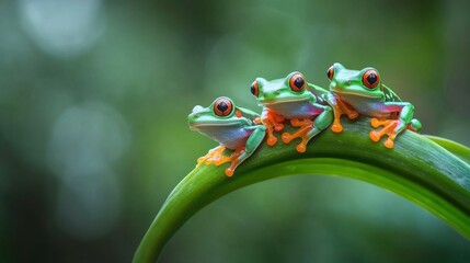 Naklejka premium Colorful Red-Eyed Tree Frogs Sitting on a Leaf in Nature