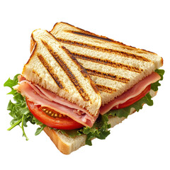 Sandwiches with salami, ham, cheese, and tomatoes on parchment paper on white background