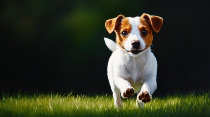 A playful dog runs joyfully across the green grass, showcasing its energetic spirit against a softly blurred background.