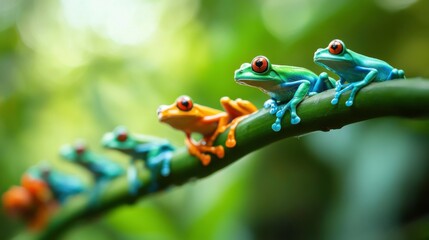Naklejka premium Colorful Frogs on Branch in Lush Greenery with Blurred Background