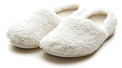 Fluffy white house slippers isolated on white background