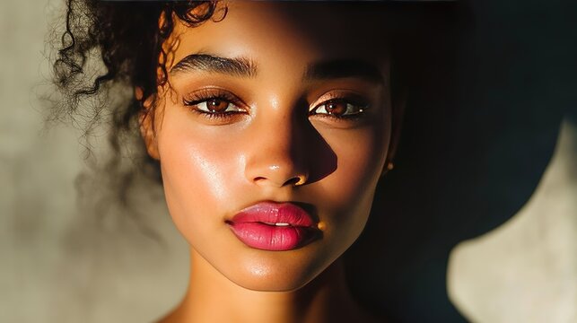A model with vibrant pink lips, half-lit face, exuding bold elegance and mystery.