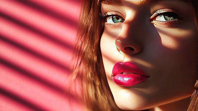 A model with vibrant pink lips, half-lit face, exuding bold elegance and mystery.