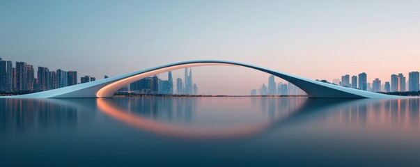 Futuristic arched bridge with sweeping curves and glass panels reflected in the calm waters of an urban lake at dusk surrounded by a modern city skyline