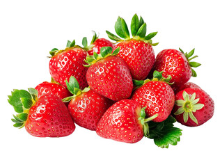  A pile of fresh strawberries with green leaves placed against a plain transparent background PNG
