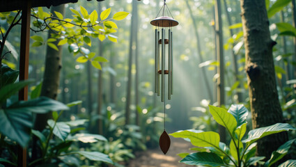 Delicate wind chimes suspended among lush green foliage, swaying in the breeze, rain falling, quiet forest atmosphere, sunlight through the leaves, natural harmony, soothing and relaxing.