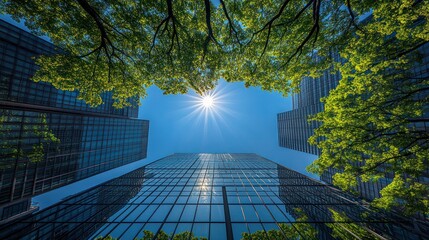 Sun shining above skyscrapers framed by lush green trees.