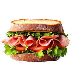 Sandwiches with salami, ham, cheese, and tomatoes on parchment paper on white background