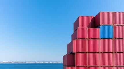 Stacked shipping containers, blue container, coastal cityscape