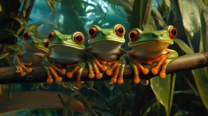 Vibrant Red-Eyed Tree Frogs Resting on a Branch in Lush Jungle