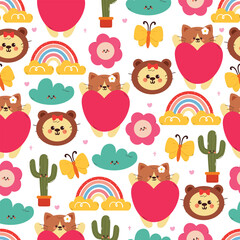 Naklejka premium seamless pattern cute cartoon cat and butterfly with sky element drawing. cute animal pattern for wallpaper, background and gift wrap paper