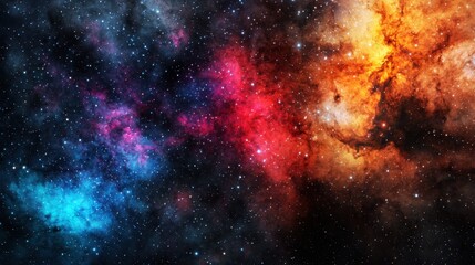 Naklejka premium A vibrant cosmic scene filled with colorful nebulae, stars, and interstellar clouds, showcasing the beauty of the universe in deep space.