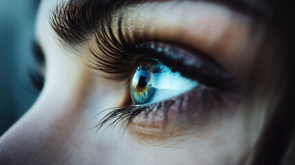 Close-up of a woman's eye with long lashes, soft light, blurred background, conveying quiet introspection.
