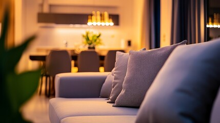 Modern living room with minimalist decor and warm lighting, embodying simplicity and elegance.
