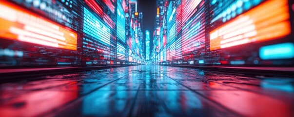 Futuristic cityscape of illuminated skyscrapers and blurred urban landscape with a sense of motion and technology  This image depicts a modern